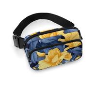 Sac banane pour femme - Base bleue - Motif floral jaune - Poches zippées - Sangle réglable - Portefeuille pour voyage, cyclisme, course à pied, randonnée, style 20 x 13 cm, Style :, 20x13cm