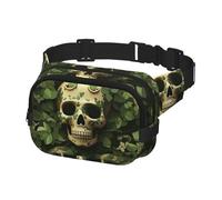 Sac banane pour homme et femme avec fond vert, motif tête de mort et feuilles, sac de taille réglable, sac à bandoulière pour voyage, noir, taille unique, Noir , Taille unique