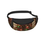Sac banane pour homme et femme avec lumières de sapin de Noël imprimé Trojan Sac banane pour promener le chien Sac banane pour voyage, sport, course à pied, randonnée, jogging, gym, Noir , Taille