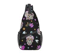 Sac banane pour homme et femme avec motif fleur de sucre et tête de mort - Ceinture réglable - Sac de poitrine décontracté pour voyage, sport, course à pied, randonnée, Noir , Taille unique