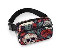 Sac banane pour homme et femme avec sangle réglable pour Halloween, nuit, pour tous les jours, Crânes en sucre et roses rouges, 20x13cm