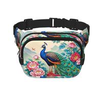Sac banane pour homme et femme - Imperméable et réglable - Sac banane tendance - Style chinois classique - Motif paon coloré et fleurs de pivoine - Pour la course à pied, l'entraînement, la randonnée