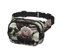 Sac banane pour homme et femme - Motif fleurs noires et blanches et tête de mort - Taille unique, Noir , Taille unique