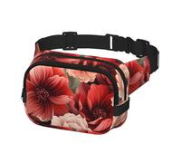 Sac banane pour homme et femme - Motif fleurs rouges et pâles - Taille unique, Noir , Taille unique