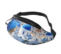 Sac banane pour homme et femme - Motif paysage - Tendance - Réglable - Pour voyage, sport, marche, Santorini Île grecque vue sur la mer, Taille unique