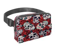 Sac banane pour homme et femme - Sac banane fin pour la marche, le jogging, la randonnée, les voyages, l'entraînement - Day of The Dead Sugar Skulls Rose rouge, multicolore, 1.5x9.0x5.9in/4x23x15cm,
