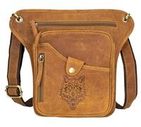 Sac banane pour motard avec logo loup - Avec sangle de cuisse, cognac, Mittelgroße, rétro