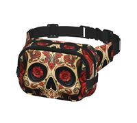Sac banane réglable pour homme et femme - Motif tête de mort en sucre et rose rouge - Taille unique, Noir , Taille unique