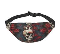 Sac banane squelette avec roses pour homme et femme - Sac banane à bandoulière pour partout - Sac banane avec sangle réglable - Sac de poitrine décontracté pour la randonnée en plein air - Noir -