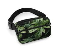 Sac banane tendance de grande capacité en sergé avec motif de feuilles vertes, un article indispensable pour les voyages mains libres, Motif feuilles vertes, 20x13cm
