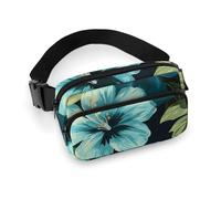 Sac banane tendance de grande capacité en sergé avec motif fleurs d'hibiscus imprimé, un article indispensable pour les voyages mains libres, Motif fleurs d'hibiscus, 20x13cm