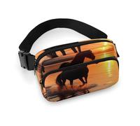 Sac banane tendance en sergé de grande capacité avec imprimé de chevaux de lac, un article indispensable pour les voyages mains libres, Couchers de soleil et chevaux du lac, 20x13cm