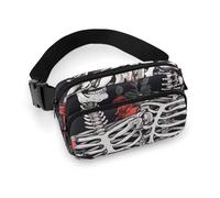 Sac banane tendance en sergé de grande capacité avec imprimé rose et squelette, un article indispensable pour les voyages mains libres, Rose et squelette, 20x13cm