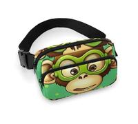 Sac banane tendance en sergé vert de grande capacité avec imprimé singe intelligent, un article indispensable pour les voyages mains libres, Green Clever Monkey, 20x13cm