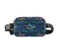 Sac banane tendance pour homme et femme avec motif animal mignon poisson vague de mer Bleu Grande capacité Sac banane antivol avec sangle réglable pour voyage, course à pied, randonnée, dessin animé