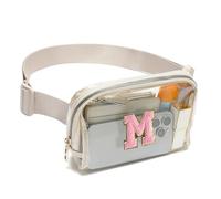 Sac banane transparent approuvé par les stades pour homme et femme avec lettres initiales et sangle réglable - Résistant à l'eau - Beige, beige, M