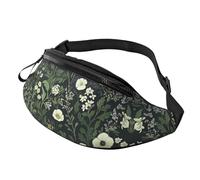 Sac banane unisexe à motif floral vert botanique taille réglable fleurs blanches sac à bandoulière imprimé tendance pour amateurs de fitness - Sac mains libres pour course à pied Essentials 14 x 35 cm