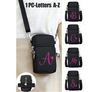 Sac bandoulière de rangement pour téléphone avec fermeture éclair argentée et noire, lettre A-Z en sequins rose rouge. Accessoire de mode portable pour activités de plein air, mini pochette pour télép