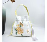 Sac bandoulière d'inspiration Hanfu Chinoise - Sac à Main en Satin de Soie brodé avec Pompon et Poche secrète(A40)