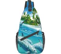 Sac bandoulière élé avec Quatre Dauphins sous l'eau, Palmiers Verts et Jaunes, Plage, île, Sac à Dos léger et décontracté pour Hommes et Femmes, Sports de Plein air
