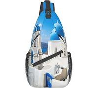 Sac bandoulière élégant, coucher de soleil bleu, vue panoramique sur la Grèce, maisons blanches des Cyclades, parcs de Santorin, Oia, Méditerranée, sac de poitrine réglable, sac à dos léger et décontr