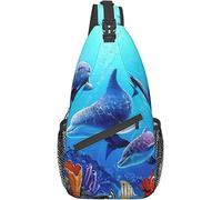 Sac bandoulière élégant, motif coloré de la mer, de l'océan, des dauphins, des poissons tropicaux, des coraux, nageant dans les profondeurs de l'océan, un monde sous-marin fantastique, sac de poitrine