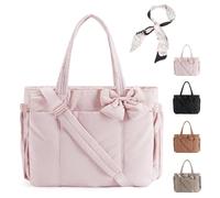 Sac cabas avec nœud, sac cabas avec nœud, sac cabas pour femme, sac bandoulière matelassé et léger, pour le travail, les voyages, la plage et le shopping. (Rose)