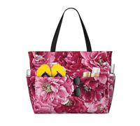Sac cabas de plage grand format à motif pivoines roses classiques, avec fermeture éclair et poche imperméable. Léger et pliable, il est idéal pour la salle de sport, les voyages, les courses, la nat