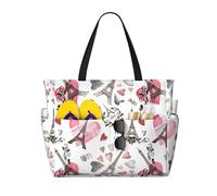 Sac cabas de plage grand format pour femme, motif Tour Eiffel et cœur, avec fermeture éclair et poche imperméable. Léger et pliable, il est idéal pour les ges, les courses, la natation et le sport.