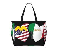 Sac cabas de plage grand format pour femme, orné d'un cœur, du drapeau italien et américain et du symbole de l'amour italo-américain. Fermeture éclair et poche imperméable. Léger et pliable, il est i
