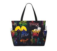 Sac cabas de plage grand format pour femme, orné d'un motif graffiti et de lettres à effet pinceau. Fermeture éclair et poche imperméable. Léger et pliable, il est idéal pour la salle de sport, les g