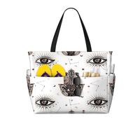 Sac cabas de plage grand format pour femme, style médiéval céleste, orné d'un œil et d'une amulette Hamsa ou Fatima. Fermeture éclair et poche étanche. Léger et pliable, il est idéal pour la salle de