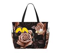 Sac cabas de plage Rose Love noir et marron pour femme, grand format, avec fermeture éclair et poche imperméable. Sac de sport pliable et léger, idéal pour les ges, les courses, la natation et le spo