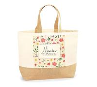 Sac Cabas en Jute Mamie d’Amour carré fleuri - Écologique et Durable Pratique et Touchant - Idée Cadeau Fête des Grands-Mères, Anniversaire, Noël - Design Imprimé en Bretagne -