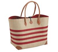 Sac cabas en rabane rayé rouge et blanc avec bandoulières et coins en cuir