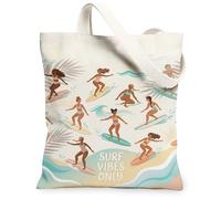 Sac cabas en toile style surfeuse pour femme, motif vagues et palmiers turquoise, lavable et réutilisable, idéal pour le shopping, les brunchs, le parc, la bibliothèque et les excursions d'une journé