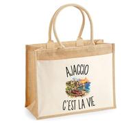 Sac Cabas Jute avec Poche Ajaccio c’est la vie | Toile de Jute et Coton 21 L Fond Plat Anses 65 cm | Marché Courses Plage | Cadeau Ajaccien Ajaccienne Femme Maîtresse Anniversaire Noël