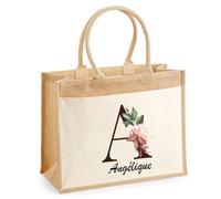 Sac Cabas Jute avec Poche Angélique | Toile de Jute et Coton 21 L Fond Plat Anses 65 cm | Marché Courses Plage | Cadeau Femme Maîtresse Anniversaire Noël