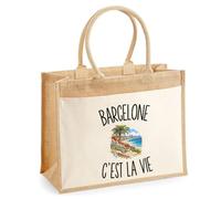 Sac Cabas Jute avec Poche Barcelone c’est la vie | Toile de Jute et Coton 21 L Fond Plat Anses 65 cm | Marché Courses Plage | Cadeau Voyageur Voyageuse Femme Maîtresse Anniversaire Noël