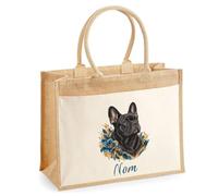 Sac Cabas Jute avec Poche Bouledogue Français Noir | Toile de Jute et Coton 21 L Fond Plat Anses 65 cm | Marché Courses Plage | Cadeau Femme Maîtresse Anniversaire Noël