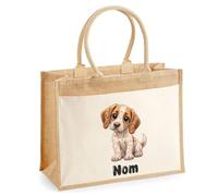 Sac Cabas Jute avec Poche Braque de l'Ariège | Toile de Jute et Coton 21 L Fond Plat Anses 65 cm | Marché Courses Plage | Cadeau Femme Maîtresse Anniversaire Noël