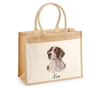 Sac Cabas Jute avec Poche Braque du Bourbonnais | Toile de Jute et Coton 21 L Fond Plat Anses 65 cm | Marché Courses Plage | Cadeau Femme Maîtresse Anniversaire Noël