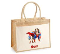 Sac Cabas Jute avec Poche Briquet Griffon Vendéen | Toile de Jute et Coton 21 L Fond Plat Anses 65 cm | Marché Courses Plage | Cadeau Femme Maîtresse Anniversaire Noël