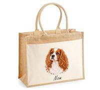 Sac Cabas Jute avec Poche Cavalier King Charles | Toile de Jute et Coton 21 L Fond Plat Anses 65 cm | Marché Courses Plage | Cadeau Femme Maîtresse Anniversaire Noël