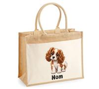 Sac Cabas Jute avec Poche Cavalier King Charles | Toile de Jute et Coton 21 L Fond Plat Anses 65 cm | Marché Courses Plage | Cadeau Femme Maîtresse Anniversaire Noël