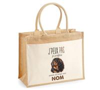 Sac Cabas Jute avec Poche Dogue du Tibet | Toile de Jute et Coton 21 L Fond Plat Anses 65 cm | Marché Courses Plage | Cadeau Femme Maîtresse Anniversaire Noël