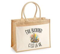 Sac Cabas Jute avec Poche Être bijoutier c'est la vie | Toile de Jute et Coton 21 L Fond Plat Anses 65 cm | Marché Courses Plage | Cadeau Artisan D'art Femme Maîtresse Anniversaire Noël