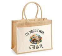 Sac Cabas Jute avec Poche Être tailleur de pierre c'est la vie | Toile de Jute et Coton 21 L Fond Plat Anses 65 cm | Marché Courses Plage | Cadeau Artisan D'art Femme Maîtresse Anniversaire Noël