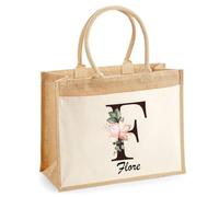 Sac Cabas Jute avec Poche Flore | Toile de Jute et Coton 21 L Fond Plat Anses 65 cm | Marché Courses Plage | Cadeau Femme Maîtresse Anniversaire Noël