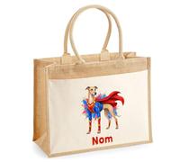 Sac Cabas Jute avec Poche Greyhound (Lévrier Anglais) | Toile de Jute et Coton 21 L Fond Plat Anses 65 cm | Marché Courses Plage | Cadeau Femme Maîtresse Anniversaire Noël